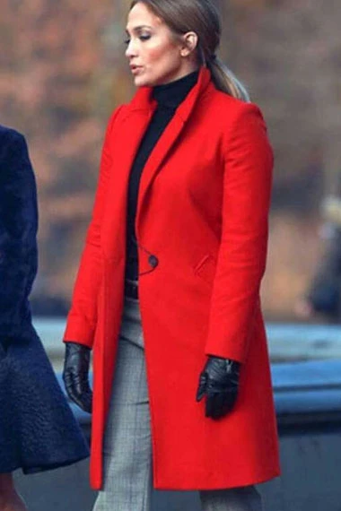 Maya Second Act Jennifer Lopez Red Wool Long Trench Coat