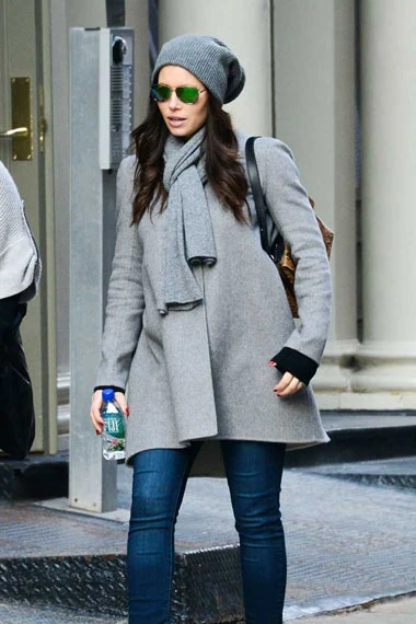 Womens Casual Jessica Biel Street Style Grey Wool Winter Coat