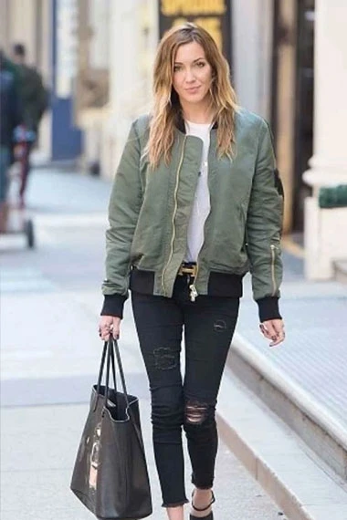 Katie Cassidy Casual Street Style Bomber Green Cotton Jacket