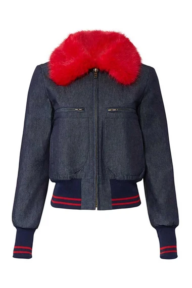 Lucy Hale Katy Keene Blue Bomber Denim Red Fur Collar Jacket