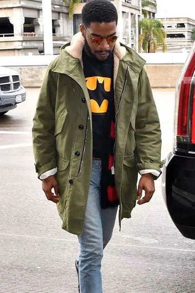 Mens Kid Cudi Casual Green Cotton Shearling Hooded Coat