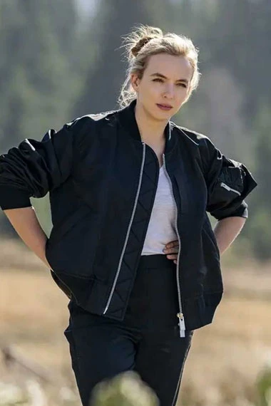 Jodie Comer Killing Eve Villanelle Bomber Black Satin Jacket