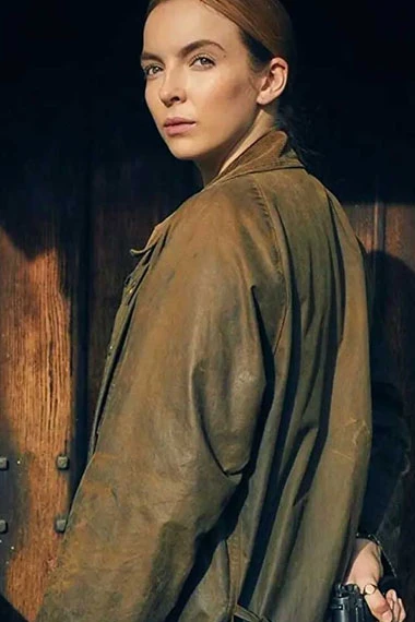Villanelle Killing Eve TV Show Jodie Comer Brown Leather Coat
