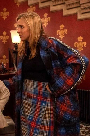 Villanelle Killing Eve Jodie Comer Blue Plaid Long Trench Coat