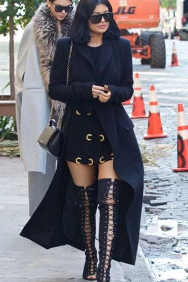 Womens Kylie Jenner Street Casual Black Wool Long Trench Coat