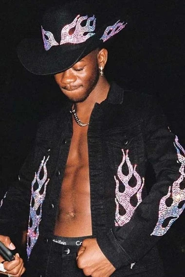 Mens Casual Lil Nas X Street Silver Flames Black Denim Jacket