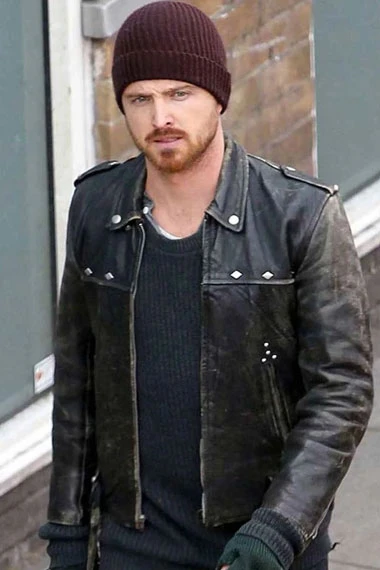JJ A Long Way Down Aaron Paul Black Biker Distressed Jacket