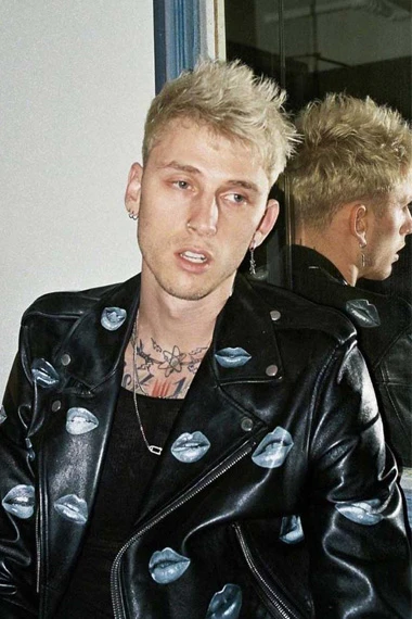 Machine Gun Kelly Biker Black Leather Blue Lips Print Jacket