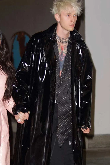 Casual Machine Gun Kelly Mens Black PVC Long Trench Coat