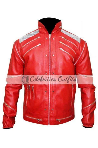 Michael Jackson MJ Beat It Metal Zipper Red Leather Jacket
