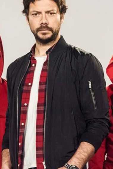 Professor Money Heist Alvaro Morte Bomber Black Satin Jacket