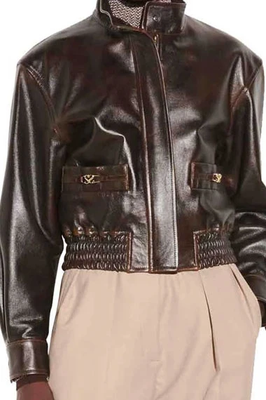 Kennedy McMann Nancy Drew Cropped Brown Bomber Leather Jacket