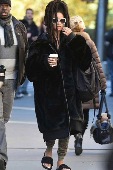 Womens Rihanna Oceans 8 Casual Hooded Black Bomber Fur Coat