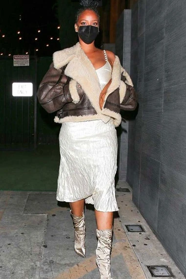 Womens Rihanna Casual Bomber Brown Leather Shearling Jacket