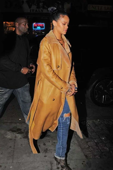 Womens Rihanna Casual Brown Leather Shearling Trench Coat