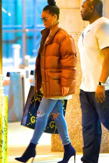 Womens Rihanna Casual Brown Parachute Quilted Puffer Jacket