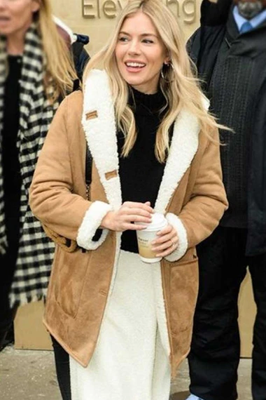 Sienna Miller Womens Shearling Lined Beige Suede Leather Coat