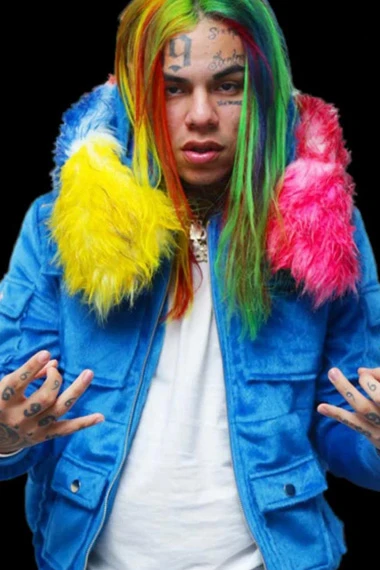 Tekashi 6ix9ine Keke Day 69 Blue Velvet Fur Hooded Jacket