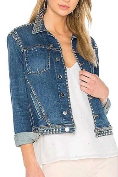 Jenn Yu Spinning Out Amanda Zhou Studded Blue Denim Jacket
