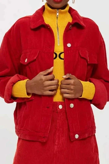 Willow Shields Spinning Out Serena Baker Red Corduroy Jacket