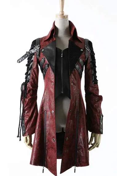 Victorian Poison Goth Steampunk Red Cosplay Leather Coat