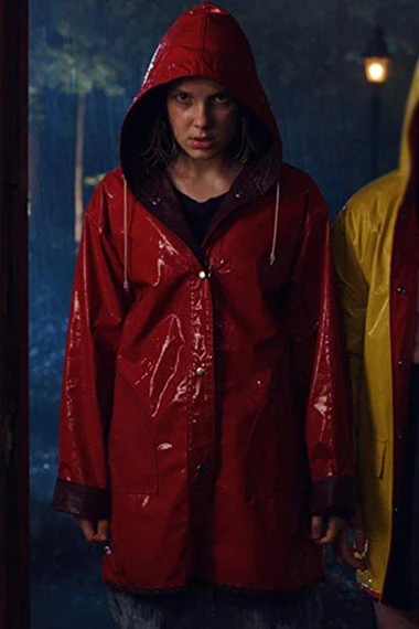 Eleven Stranger Things Millie Bobby Brown Red Hooded Raincoat