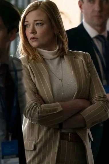 Sarah Snook Shiv Roy Succession Beige Pinstripe Cotton Coat