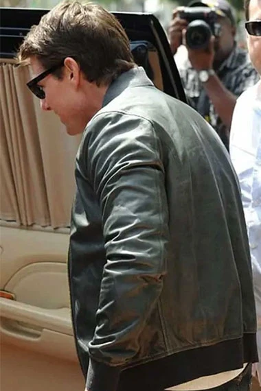 Tom Cruise Mens Casual Bomber Olive Green Leather Jacket