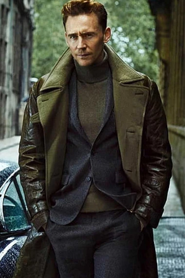 Tom Hiddleston Casual Mens Green Leather Long Trench Coat