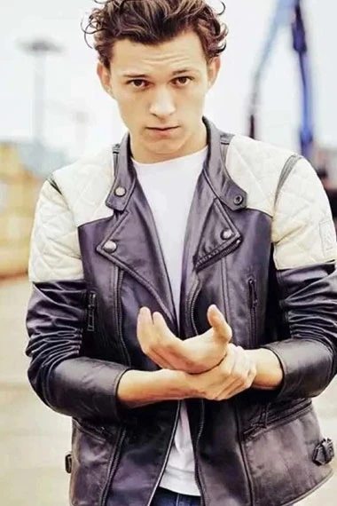 Italy Vogue Tom Holland Mens Black White Biker Leather Jacket