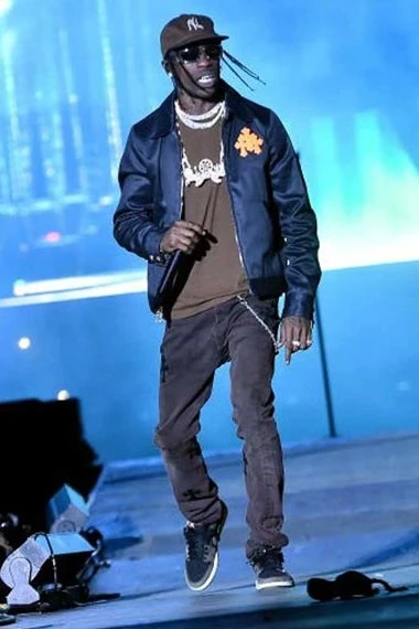 Travis Scott Rolling Loud Mens Casual Bomber Blue Satin Jacket