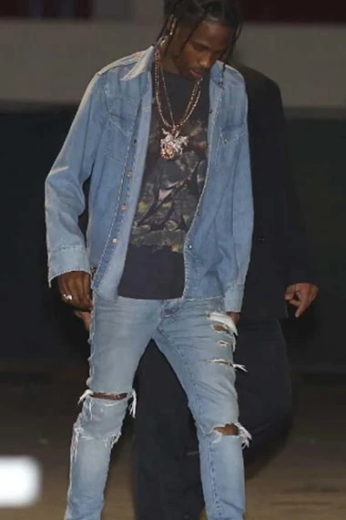 Mens Travis Scott Street Style Casual Blue Denim Jacket