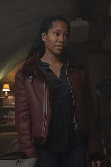Regina King Watchmen Angela Abar Maroon Shearling Jacket