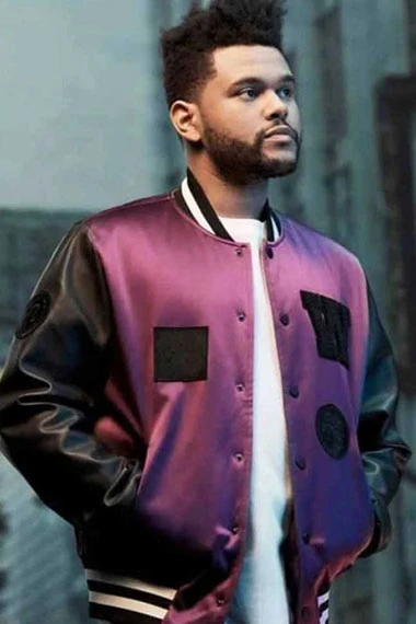 Mens The Weeknd Casual Street Bomber Purple Varsity Jacket