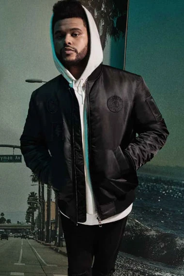 Casual Mens Weeknd Street Style Black Bomber Leather Jacket
