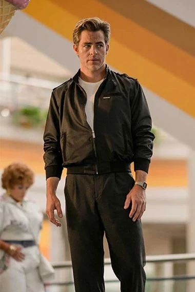 Wonder Woman Chris Pine Steve Trevor Bomber Black Satin Jacket