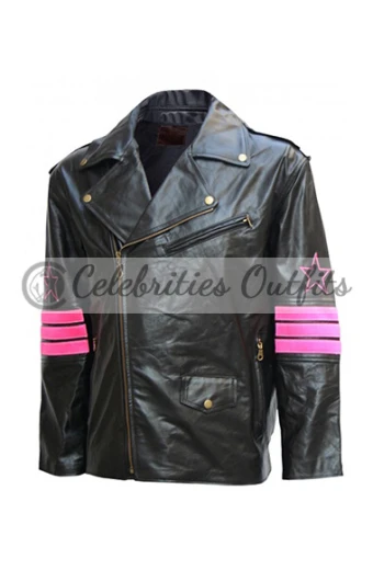 Bret Hart Hitman WWE Pink Stripes Biker Black Leather Jacket wwe-bret-hart-black-leather-jacket