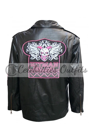 Bret Hart Hitman WWE Pink Stripes Biker Black Leather Jacket wwe-bret-hart-black-leather-jacket