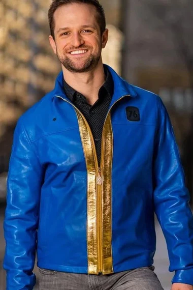 Video Game Fallout 76 Vault Mens Blue Cosplay Leather Jacket