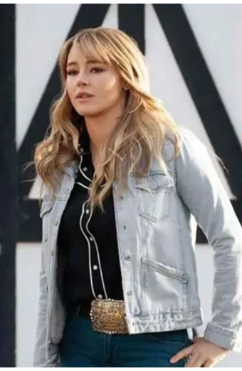 Hassie Harrison Laramie Yellowstone TV Show White Denim Jacket yellowstone-hassie-harrison-white-denim-jacket